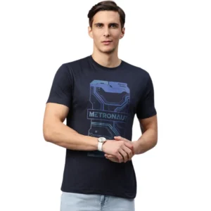 Men Navy Blue Brand Logo Graphic Printed T-shirt